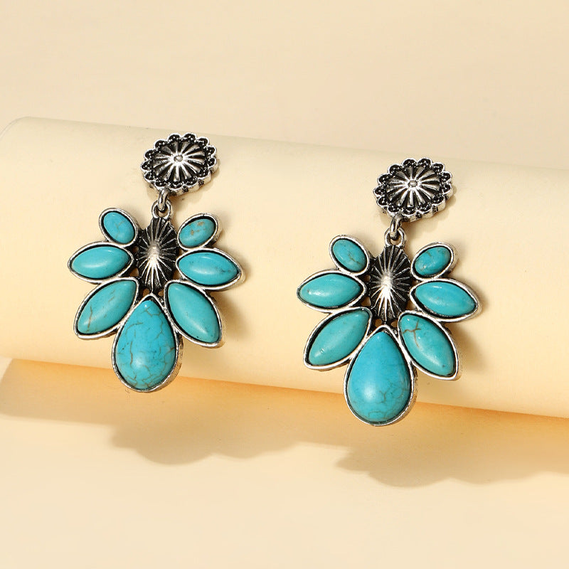 Wholesale Vintage Bohemian Flowers Turquoise Alloy Earrings